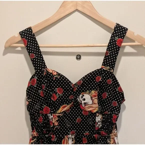 EUC Hot Topic 2013 S Cotton Rose and Flaming Skull Polka Dot Pinup Dress - Picture 2 of 4